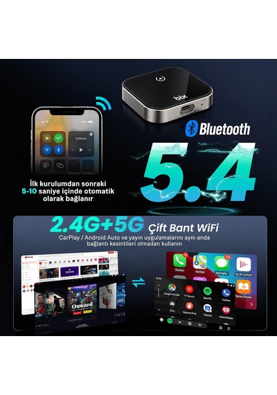 Tr Cb03 Kablosuz Carplay Android Auto Adaptörü 2.4g/5g Wifi Android 12 Netflix Youtube Tiktok Destekli Araç Multimedy