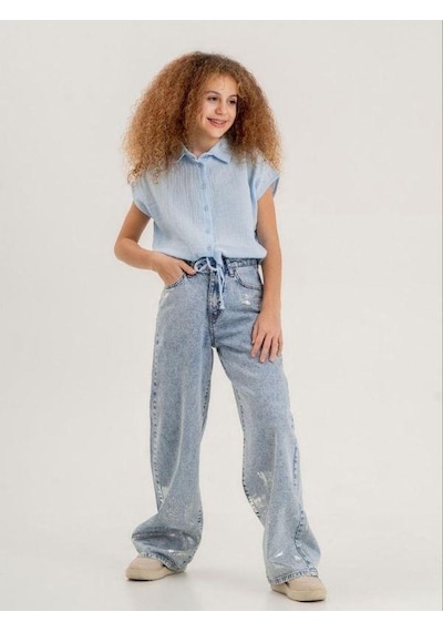 Zekids Kız Çocuk Paçası Varak Detaylı Denim Pantolon-13916-mavi Mavi