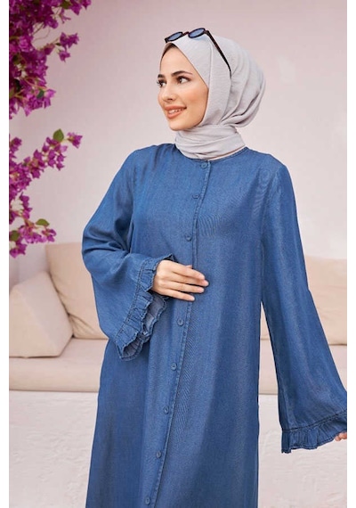 Neways 6587-Düğmeli Kolları Fırfırlı Ferace Koyu Mavi