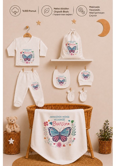 Pia Baby Kız Bebek Hastane Çıkışı 8 Parça İsme Özel Hediye Keseli Zıbın Seti %100 Pamuk Organik Baskı 2041zybk3x Krem