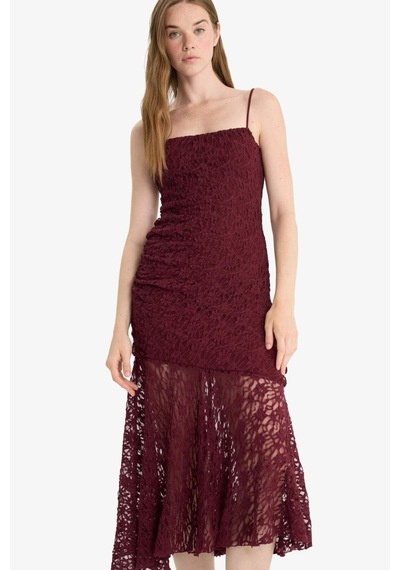 Defacto Bodycon Vücudu Saran Askılı Dantel Midi Elbise F7886ax25aubr204 Bordo
