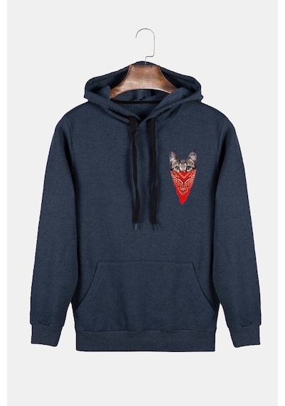 Unisex İndigo Kapüşonlu Maskeli Kedi Baskılı Slim Fit Kanguru Cepli Sweatshirt Indigo