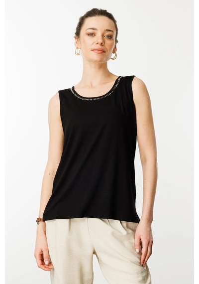 Desen Triko Kadın Sıfır Yaka Yakası Taşlı Askılı T-shirt 25755 Siyah Siyah