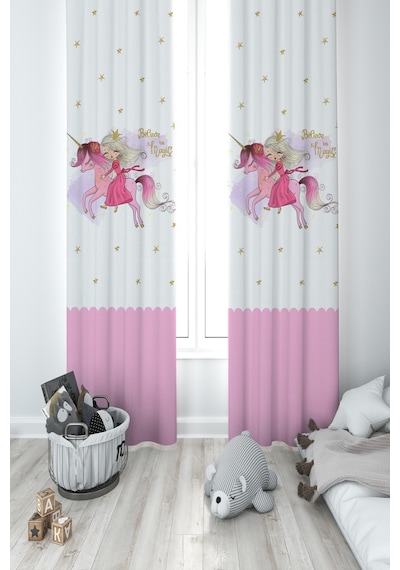 Mekta Home Bebek Ve Çocuk Odası Unicorn Üzerinde Prenses Kız Desenli 2 Kanat Fon Perde