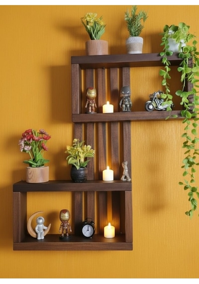 Zikzak Duvar Rafı - Dekoratif Doğal Ahşap Kitaplık Ve Çiçeklik - 75x50 Cm Antrasit/ceviz Turuncu