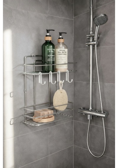 Sas Haus Lüks Krom Metal 2 Katlı Banyo Rafı Şampuanlık Ve Duş Rafı Askılı Yapışkanlı Duvara Monte Tş-02 Krom