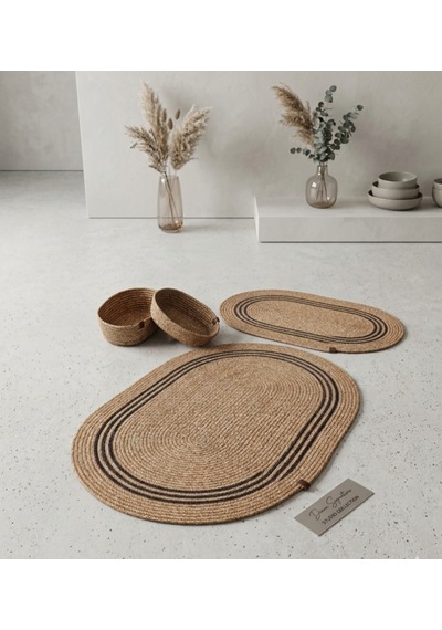 Senza Atelier Oval Jüt Banyo Paspası - Naturel Hasır Dokulu Dekoratif Banyo Halısı Hasır Siyah