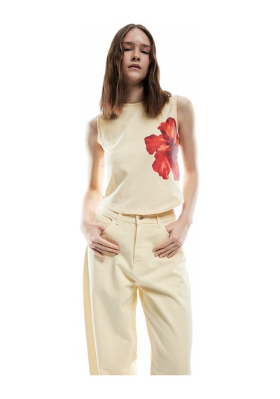 Koton Pamuklu Slim Fit Bisiklet Yaka Hibiskus Çiçek Desenli Kolsuz Bluz Sarı 5sal30315ık Sarı