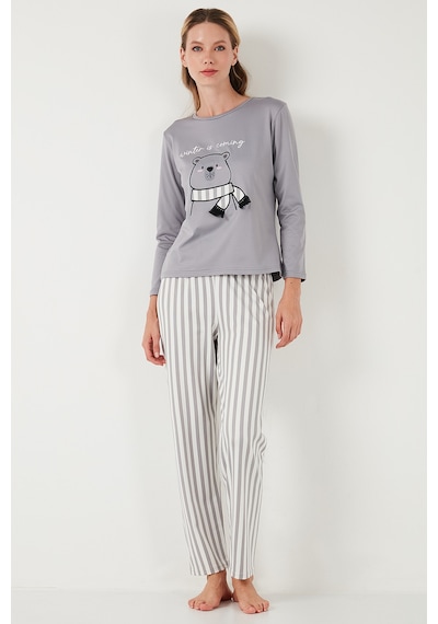 Lela Regular Fit Desenli Bisiklet Yaka Bayan Pijama Takımı 65719102 Gri