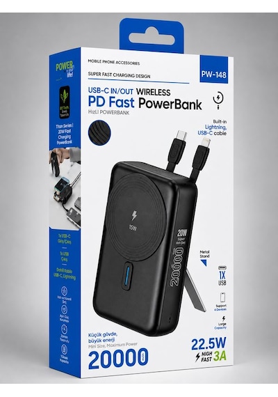 22.5w Hızlı Şarj Powerbank Type-c Giriş Çıkışlı Kablolu Magsafe Uyumlu Taşınabilir Şarj Cihazı Siyah