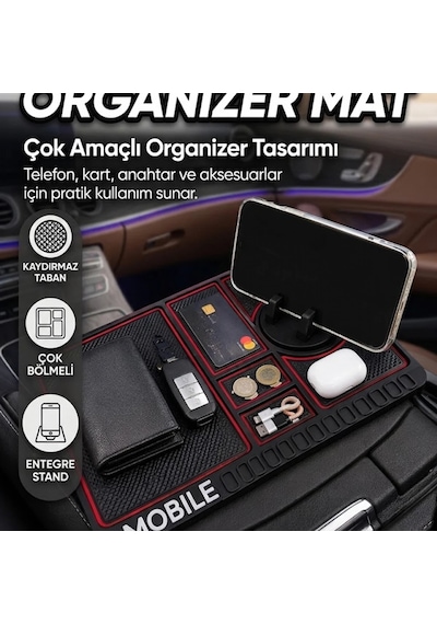 Araç İçi Kaydırmaz Silikon Organizer Mat Telefon Standlı Konsol Düzenleyici