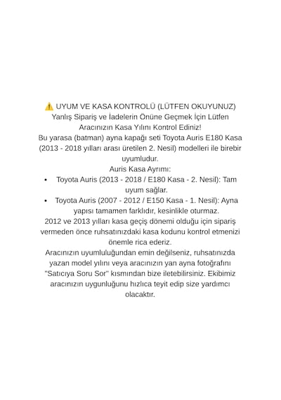 Toyota Auris E180 Kasa 2012 2013 2014 2015 2016 2017 2018 Uyumlu Yarasa Batman Ayna Kapağı Takımı Parlak Siyah