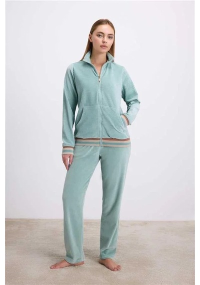 Ang Butik Kadın Kadife Dokulu Uzun Kollu Sweatshirt Ve Pantolon Takımı Yeşil