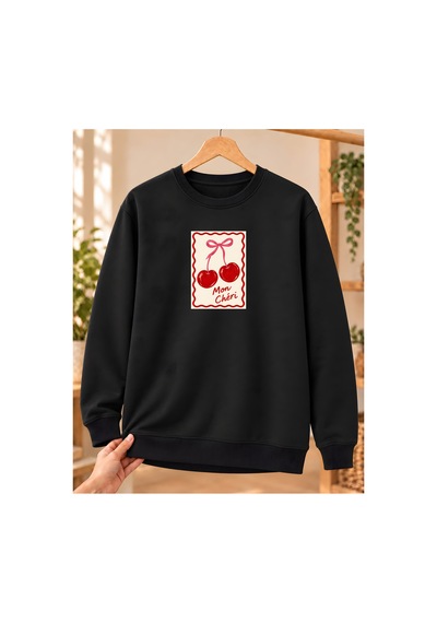 Mor Mürekkep Kadın %100 Pamuk 3 İplik Şardonlu Mon Chéri Kiraz Baskılı Bisiklet Yaka Sweatshirt Siyah