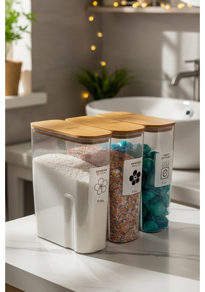 Snippy - Armoni - 3'lü Büyük Boy Deterjan Saklama Kutusu Etiketli Banyo Toz Tablet Toz Deterjan Kutusu 2500ml Şeffaf