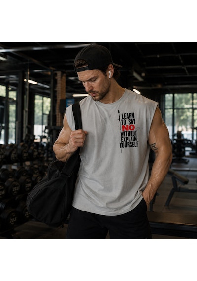 Urbantrendstore Baskılı Premium Sporcu Atleti Gym Tişört %100 Pamuklu Fitness T-shirt Açık Gri
