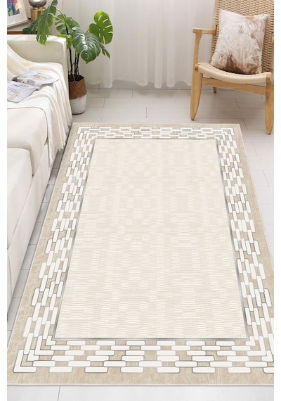 Çerçeveli Modern Kaymaz Taban Makinede Yıkanabilir Halı Oturma Odası Salon Halı Koridor Halı Krem
