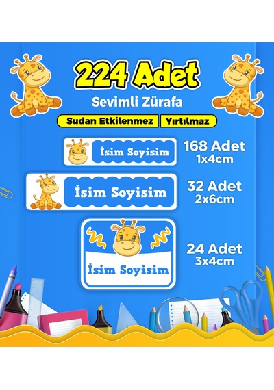 Sevimli Zürafa Temalı Okul Kreş Kişiye Özel İsim Etiket Seti - Model 143 Çok Renkli