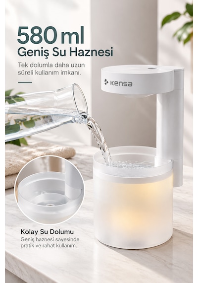 Kensa Ultrasonik Hava Nemlendirici 580 Ml Buhar Makinesi 5 Farklı Gece Lambası Damlacık Efektli