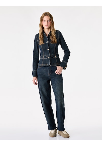 Koton Cepli Omuz Apoletli Pamuklu Düğmeli Dik Yaka Denim Ceket Koyu İndigo 7wal50021md