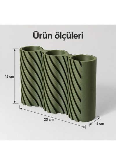 Çizgili Modern Tasarım Üç Bölmeli Dekoratif Vazo - Çiçeklik Haki