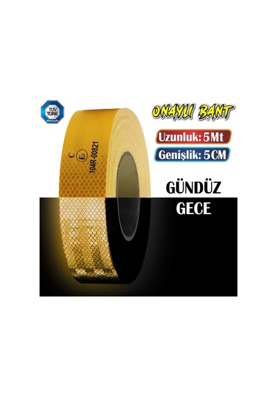 Badem10 Tüvtürk Onaylı Bant Sarı 5 Metre 5 Cm Belgeli Reflektörlü Reflektif Fosforlu Şerit Bant İkaz Bandı