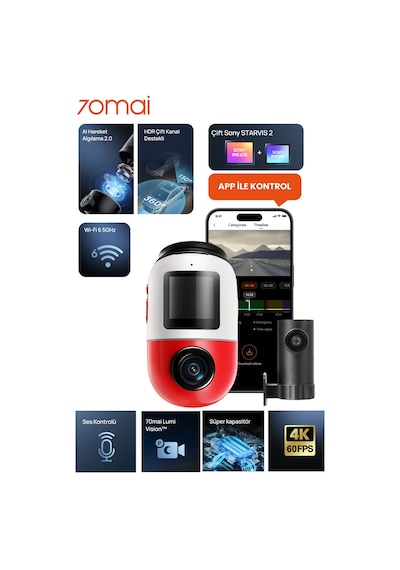 70MAİ Dash Cam X800 Ön Kamera+RC14 Arka Kamera Seti Kırmızı 128 GB