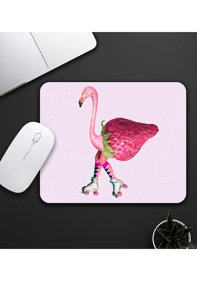 Pembe Çilekli Flamingo Motifli Mouse Pad 23x19cm Fare Altlığı Kaydırmaz Taban De586