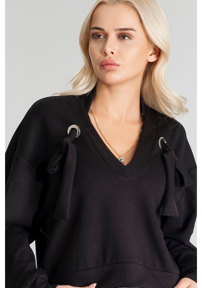 Kadın Modal Cupra Kumaş Kuşgözü Kordonlu Sweatshirt Siyah