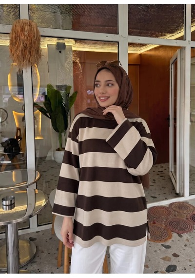 Trend Paris Çizgili Yanı Yırtmaçlı Rahat Kalıp Tunik Bluz Kahverengi 40