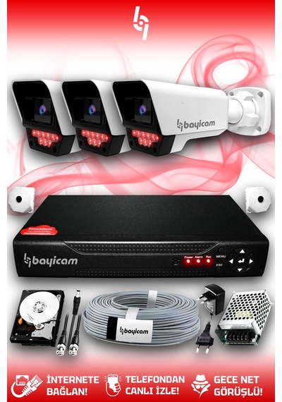 Bayicam 3 Kameralı Süper 3 Dış Kamera Set 100 GB 5 MP 2K Net Gece Görüşlü Güvenlik Kamerası Sistemi