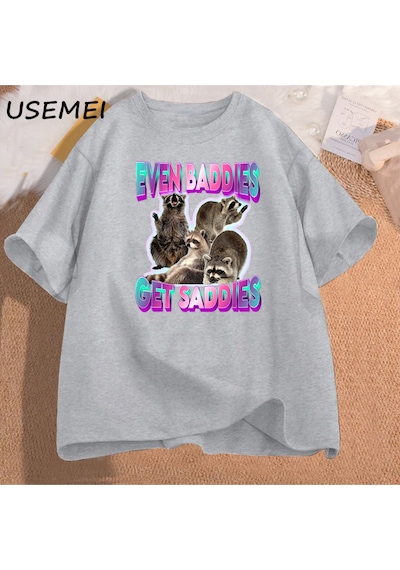 Flood Of Style Erkek Pamuk T-shirt Bile Baddies Olsun Saddies Rakun Komik Garip Belirli Meme Grafik Baskılı Gri
