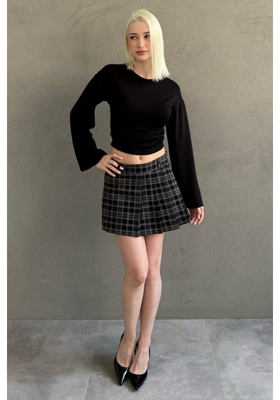 Madmext Siyah %100pamuklu Ekose Desen Pileli Mini Şort Etek Mg2629 Siyah