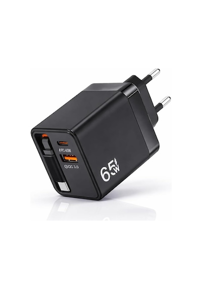 Ayrex 65w Süper Hızlı Şarj Adaptörü Pd 45w + Qc 3.0 Çekilebilir Kablolu