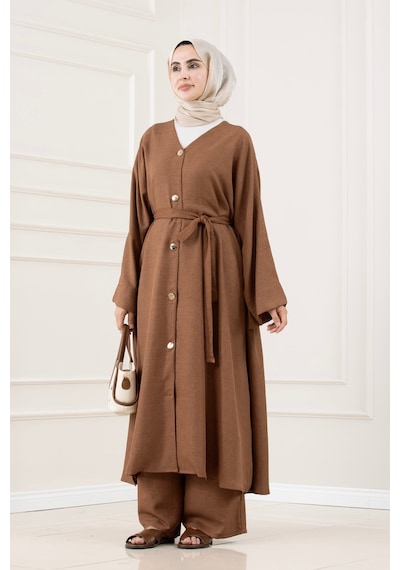 Sevitli Düğmeli Davin Abaya İkili Takım-kahverengi-5876