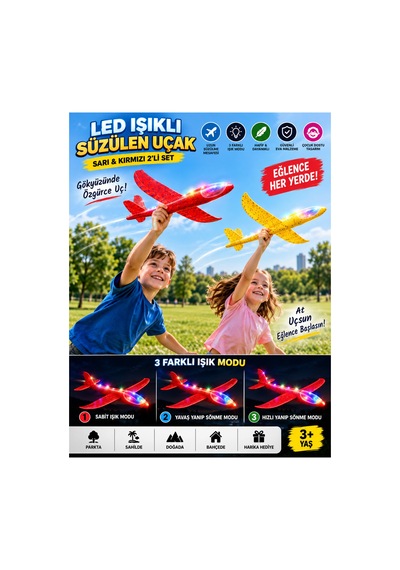 2 Li Led Işıklı Köpük Uçak Seti Kırmızı & Sarı Hafif Dayanıklı Fırlatma Uçağı Açık Hava Oyuncağı - 922543009