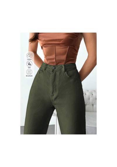 Kene Jeans Yüksek Bel Haki Keten Mom Pantolon Haki