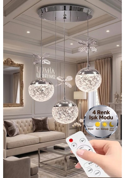 LumiaLighting Küre Model 3'lü Gümüş Kumandalı 3 Renk Modu Ledli Kristal Taşlı Modern Salon Mutfak Oturma Odası Led Avize