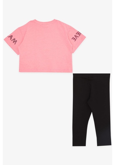 Breeze Kız Çocuk Kapri Taytlı Crop Takım Yazı Baskılı 8-12 Yaş, Neon Pembe Pembe
