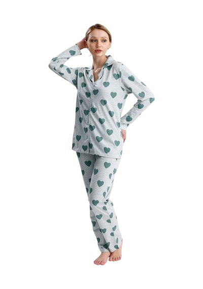 Yeni İnci Kalp Desen Pamuk Kadın Pijama Takım Yeşil
