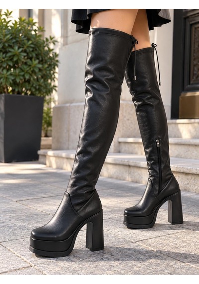 Asmi Shoes Kadın Ovis Siyah Diz Üstü 12 Cm Platform Topuklu Çizme