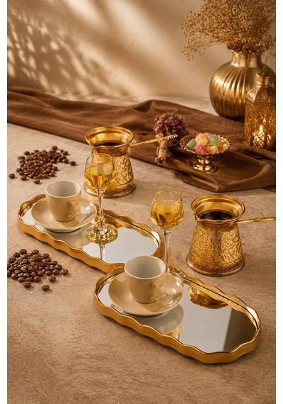 2 Kişilik Aynalı Gold Sunum Servis Tepsisi Tepsi Dekoratif Ayna Altın Sarısı