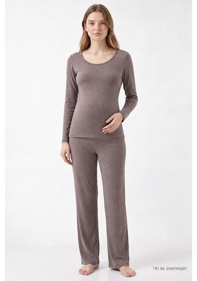 Cottonill Premium - Serene Collection Vizon Yüksek Bel Bol Paça Rib Dokulu Viskon Hamile Pijama Takımı