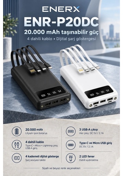 ENERX Enr-p20dc 20.000 mAh 2.1 Amper Dahili Kablolu Powerbank Beyaz