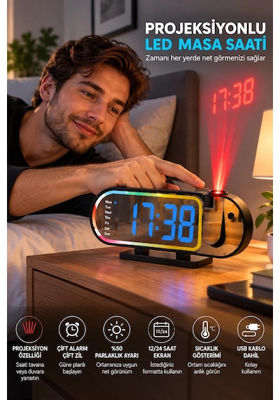 Modern Led Masa Saati Dijital Ekranlı Alarm Parlaklık Ayarlı 12 24 Saat Sıcaklık Göstergeli Diğer