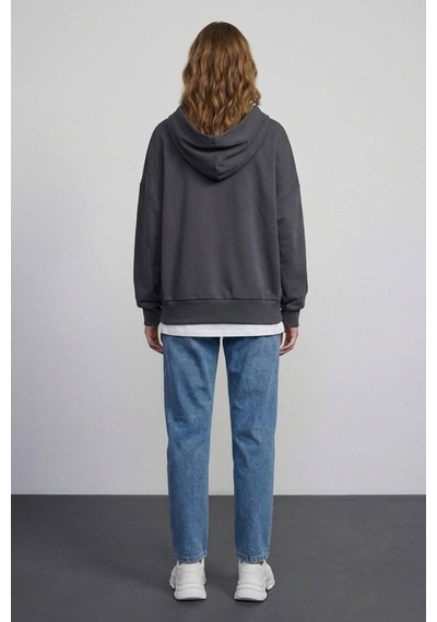 Quzu 01407 Kadın Baskı Detaylı Kapüşonlu Sweatshirt Antrasit