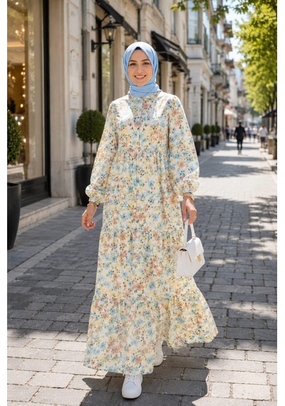 Hb Harma Time Butik Kadın Düğmeli Desenli Modal Kumaş Bej Elbise