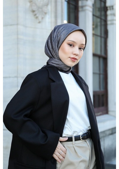 Eşarp - Premium Lux Original Monogram Eşarp İpek Vual, Yüksek Kalite, Hafif, Rahat, Şık, Scarf Füme Gri Şeritli