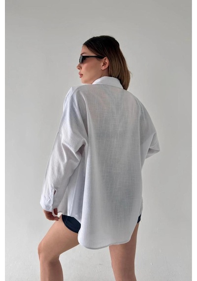 Rouge Basıc Oversize Keten Dokulu %100 Pamuk Salaş Gömlek Bb-ku3435 Beyaz