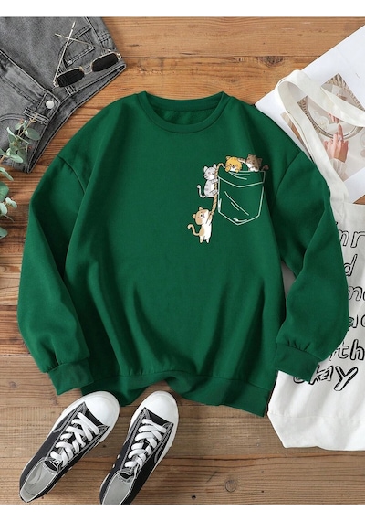 Startmore Yeşil Kadın Yeşil Cat Özel Göğüs Baskılı Oversize Bisiklet Yaka